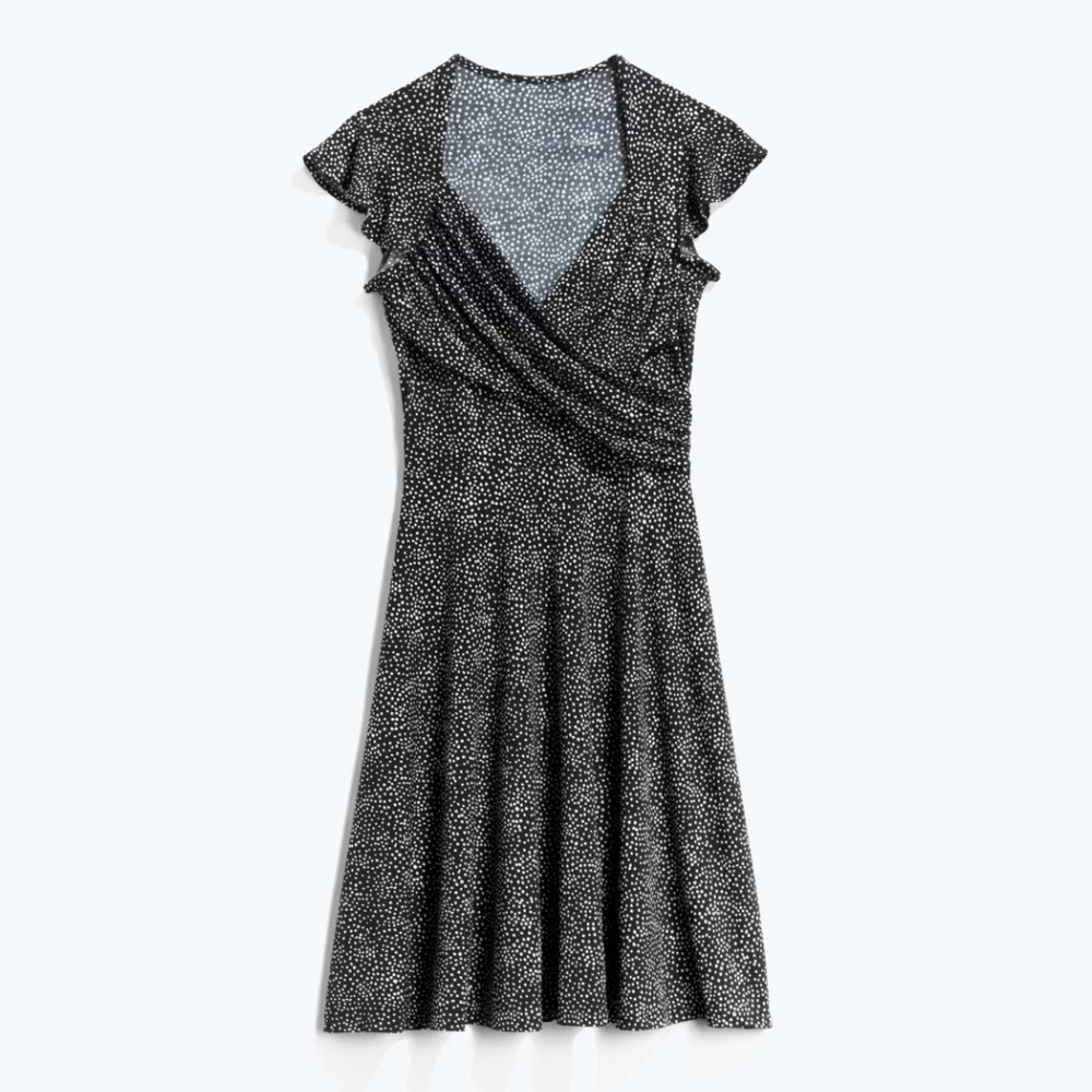 Leota Emma knit Faux Wrap dress, black with white dots, size Small